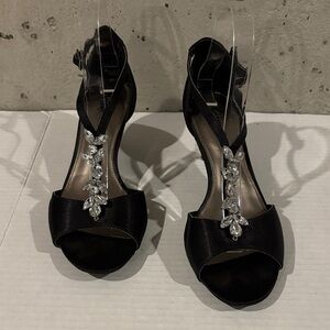 FIONI Night Black Satin Open Toe Evening Pumps with Crystal Embellishment-Sz 8.5